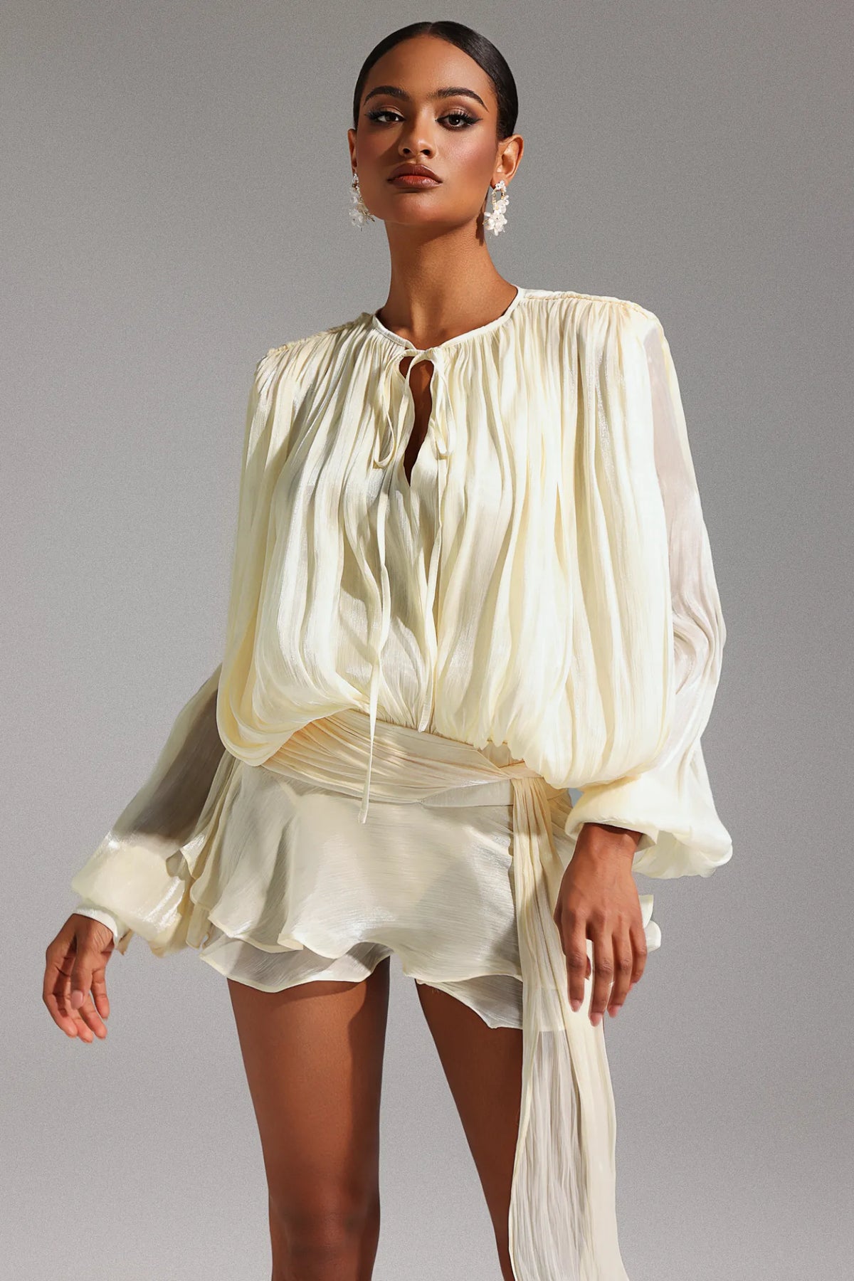 Dekia Long Sleeve Hollow Out Flounce Mini Dress