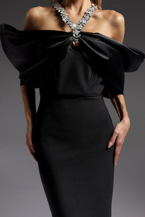 Sloan Halter Diamond Off-The-Shoulder Bandage Maxi Dress