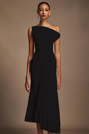 Juny Oblique Shoulder Sleeveless Folds Midi Dress