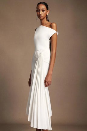 Paulina Oblique Shoulder Sleeveless Folds Midi Dress