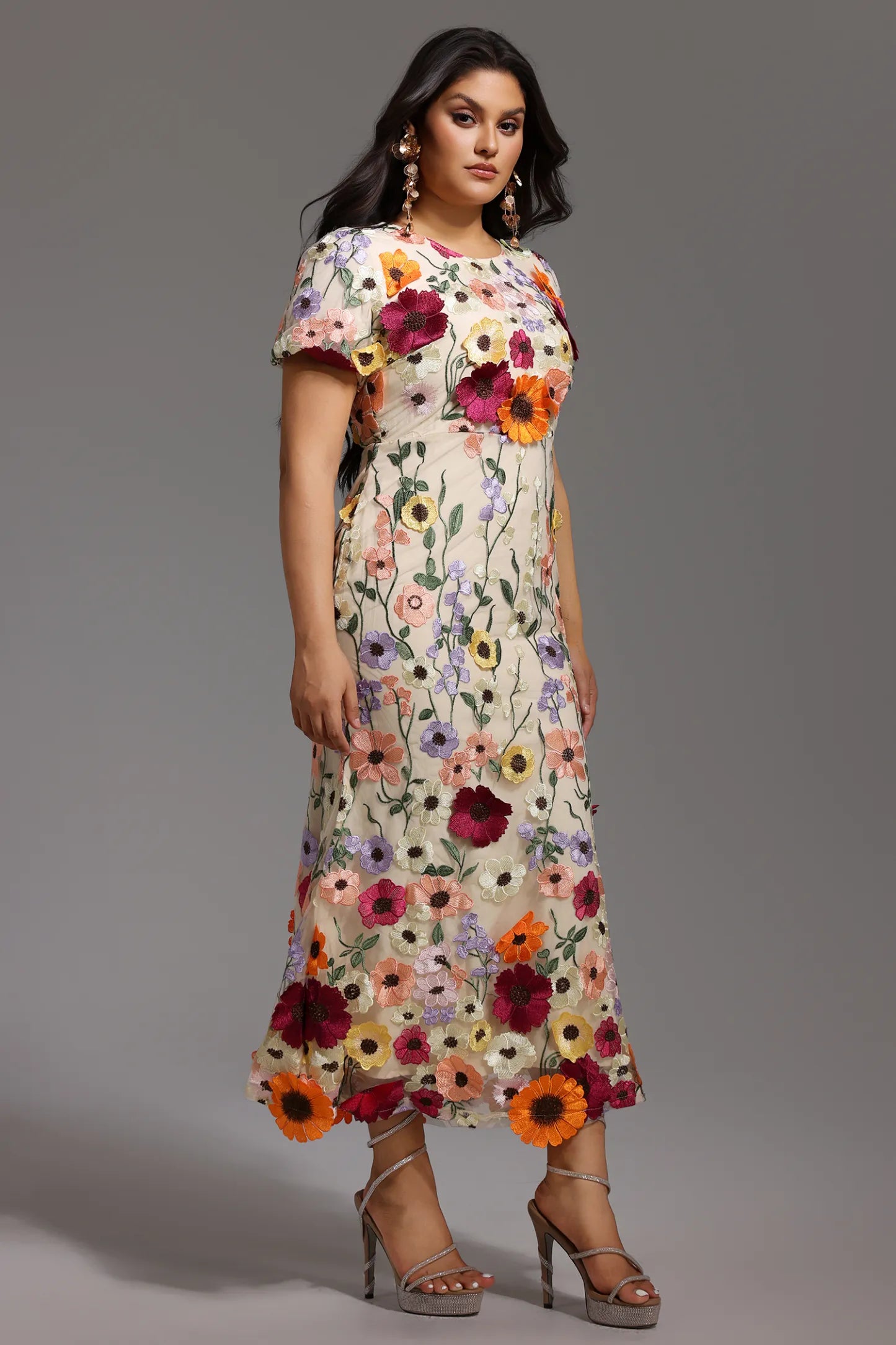Naya Short Sleeve Round Neck Flowers Fishtail Midi Dress