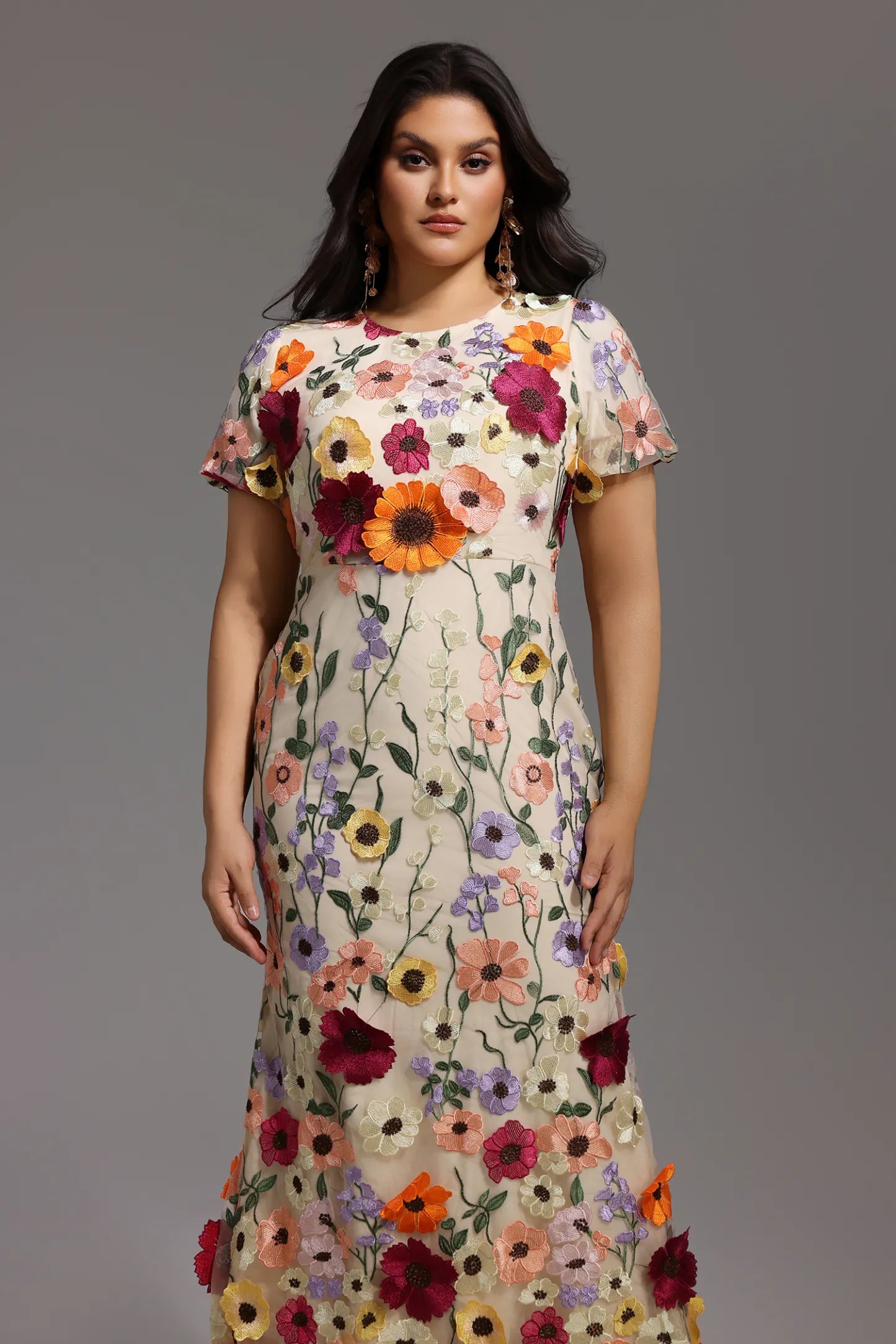 Naya Short Sleeve Round Neck Flowers Fishtail Midi Dress