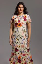 Naya Short Sleeve Round Neck Flowers Fishtail Midi Dress