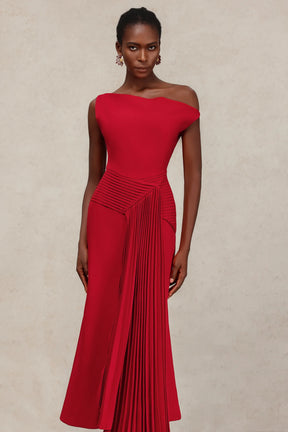 Jillian Oblique Shoulder Sleeveless Folds Midi Dress