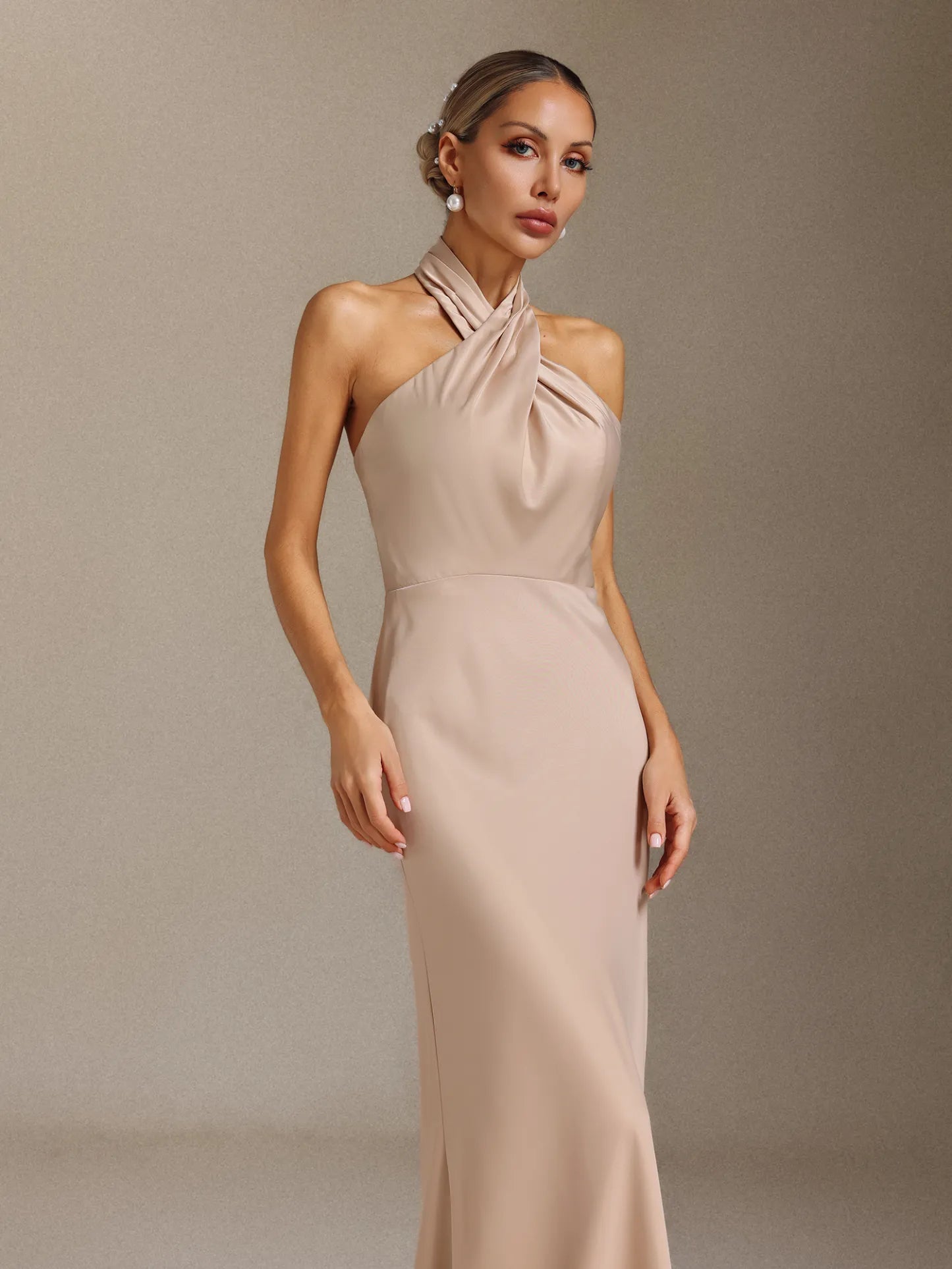 Kyra Pleated, halter-neck, backless maxi dress