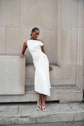 Paulina Oblique Shoulder Sleeveless Folds Midi Dress
