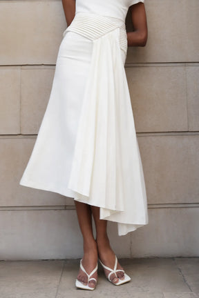 Paulina Oblique Shoulder Sleeveless Folds Midi Dress